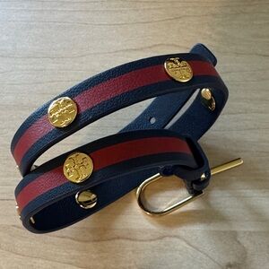Tory Burch Navy and Red Leather Wrap Bracelet with Gold Logo Studs